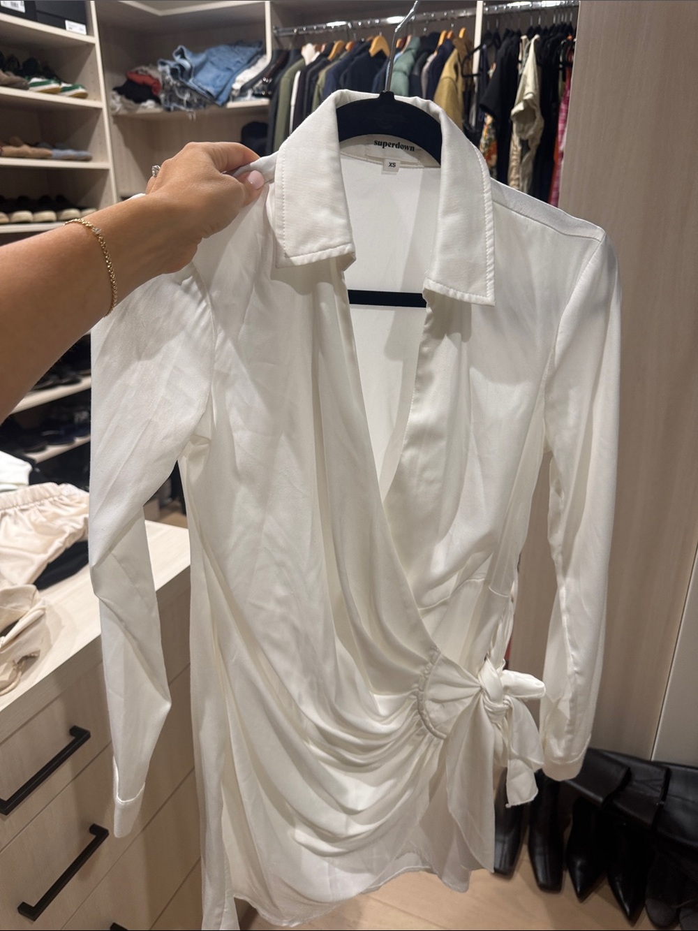 superdown White Long Sleeve Wrap Dress with Side Tie